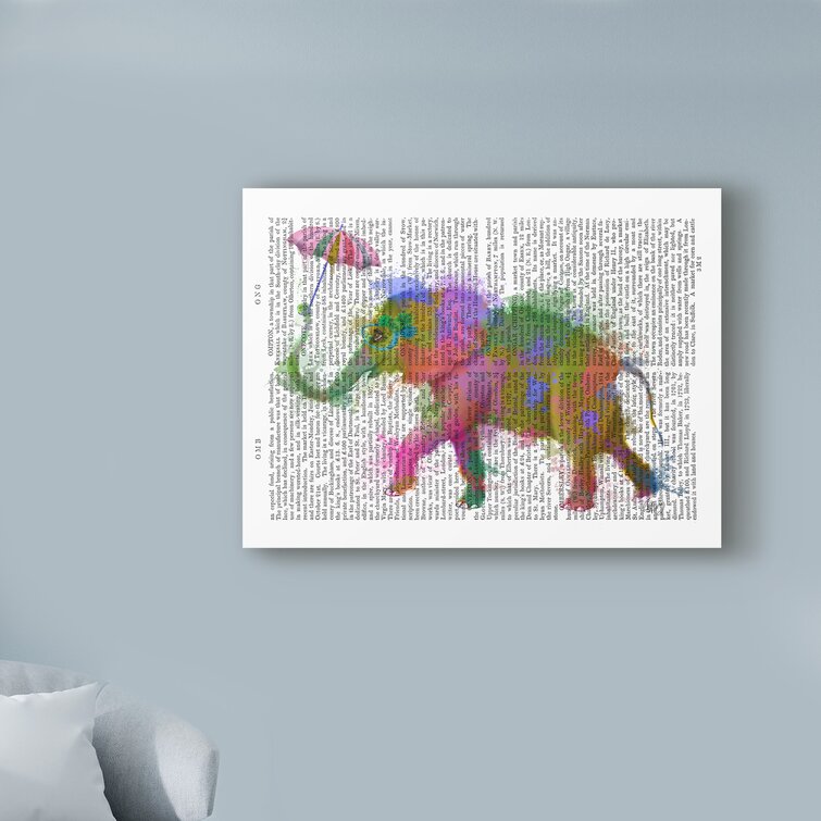 Ebern Designs Rainbow Splash Elephant Text On Canvas by Fab Funky